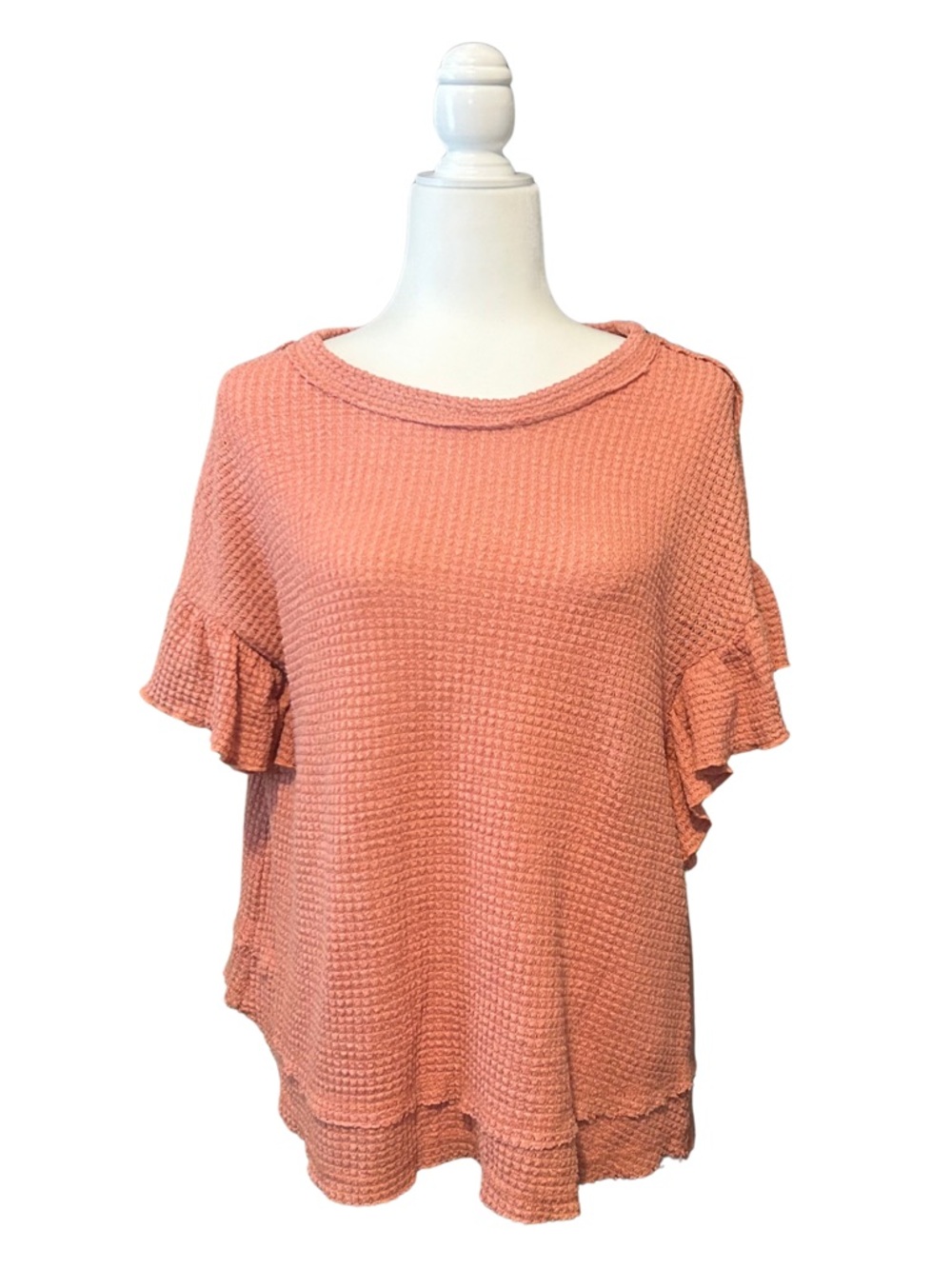 Altar'd State Coral Waffle Knit Ruffle Sleeve Top